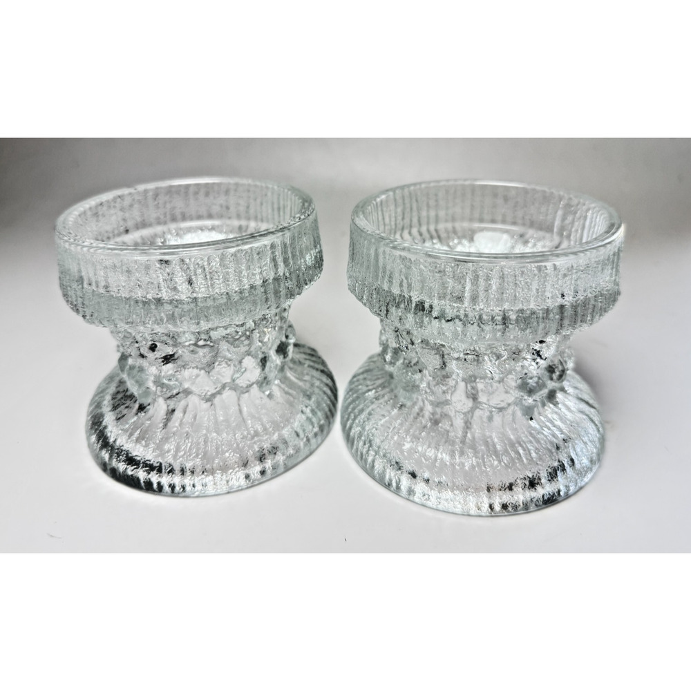 LE Smith Glass Fjord Glacial Candle Holders Set Scandinavian Textured Ice 1970s - Picture 2 of 7
